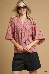 Umgee Corduroy Bow Print Balloon Sleeve Blouse Pink OutfitFlow
